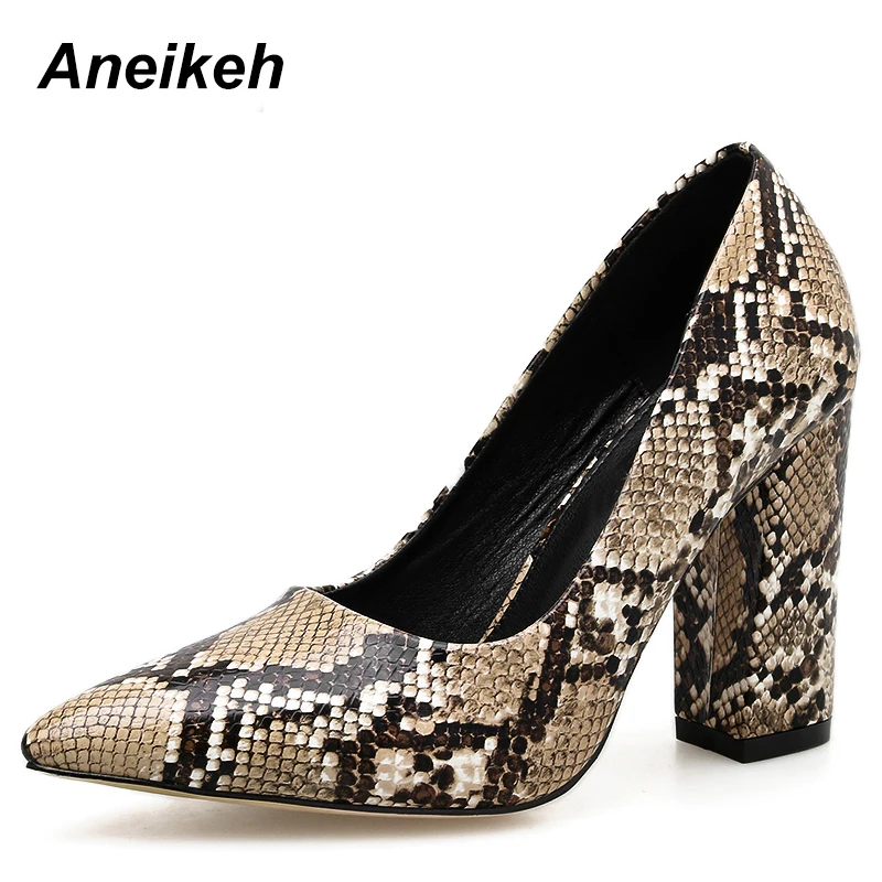 

Aneikeh 2019 PU Pumps Slip-On Shallow Women Shoes Pointed Toe Spring Autumn Square High Heel Mature Party Serpentine Size 35-40