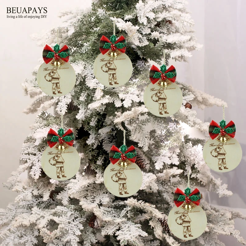 

12pcs Christmas Tree Pendant Santa Claus wood piece bow bell merry christmas decoration for home ornaments DIY wooden crafts