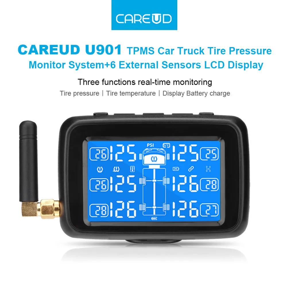 CAREUD U901 Auto Truck TPMS Car Wireless Tire Pressure Monitoring System with 6 External Sensors Replaceable Battery LCD Display