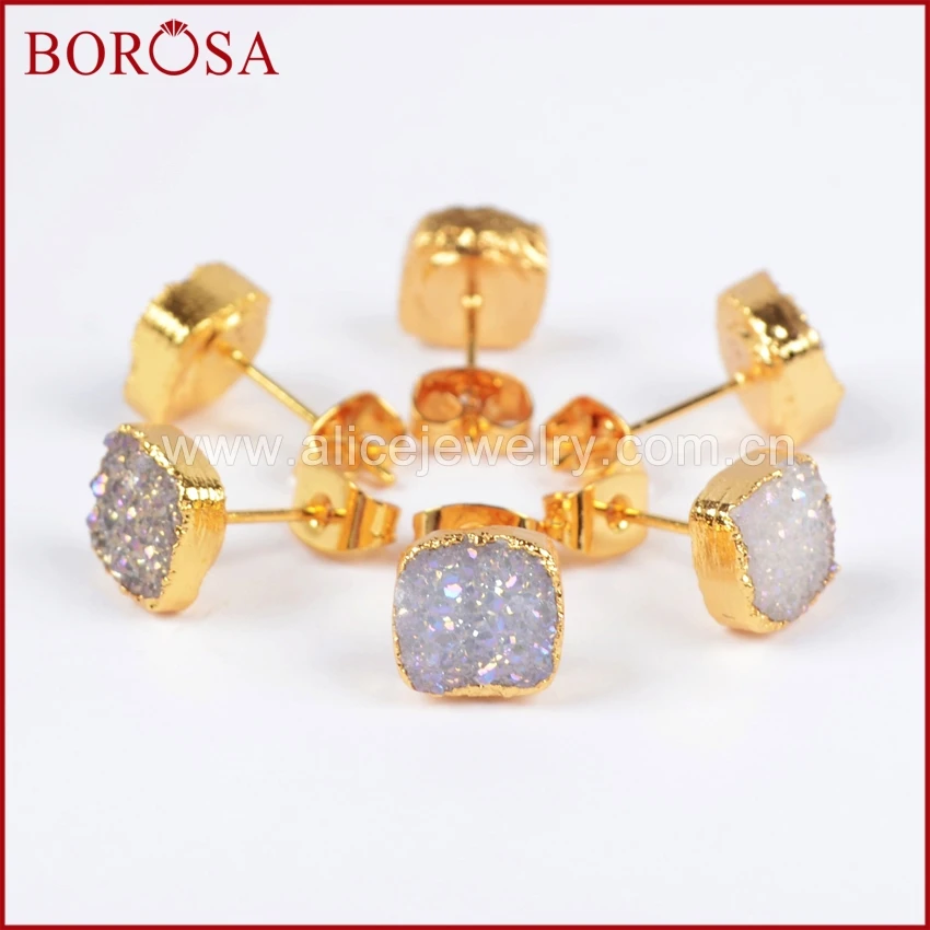 

BOROSA Natural Crystal Titanium Stud Earrings,Gold Color Square AB Geode Stud Earrings Fashion Earrings for Women G0678