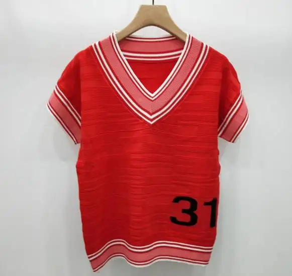 Летняя тонкая футболка из ледяного шелка 31 С буквенным v-образным вырезом и короткими рукавами, Женский Стильный темперамент, вязаный Топ, свитер - Цвет: Красный