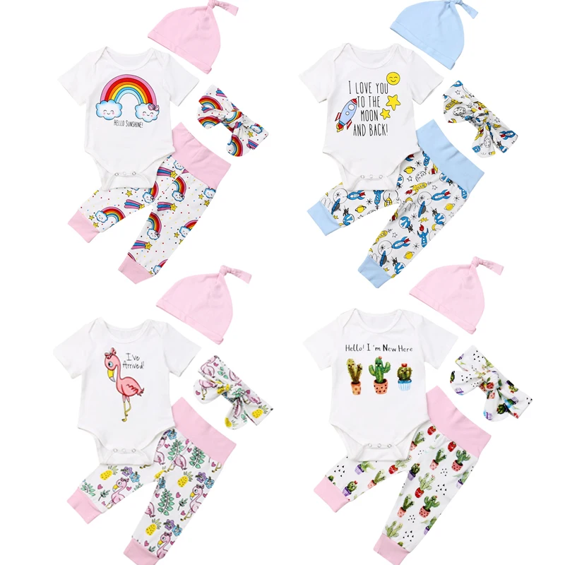 

0-18M Newborn Baby Boy Girl Short Sleeve Cotton Bodysuit Tops Long Pant Trouser Hat 3PCS Outfits Baby Clothing Set