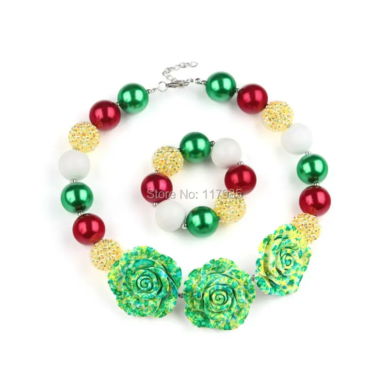 

St Patrick Kids GIFT 2 Sets Green Rose Flower Girls Chunky Bubblegum Necklace Bracelet Set Princess Dress Up Necklace Jewelry