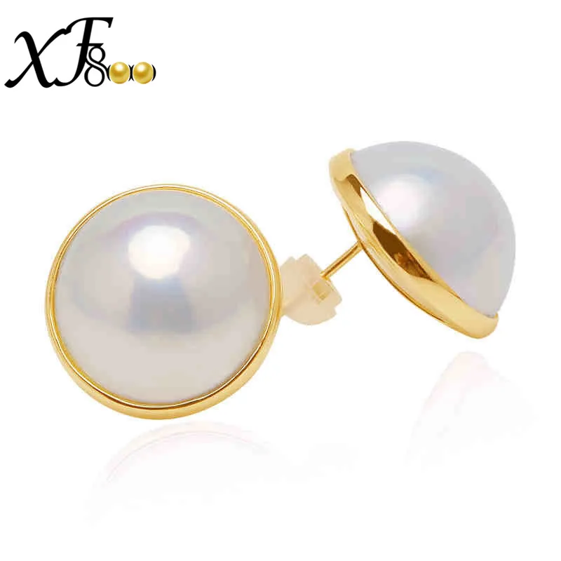 XF800 14K Yellow Gold Mabe Pearl Stud Earrings Simple Round Sea Pearl Earrings For Engagement ...