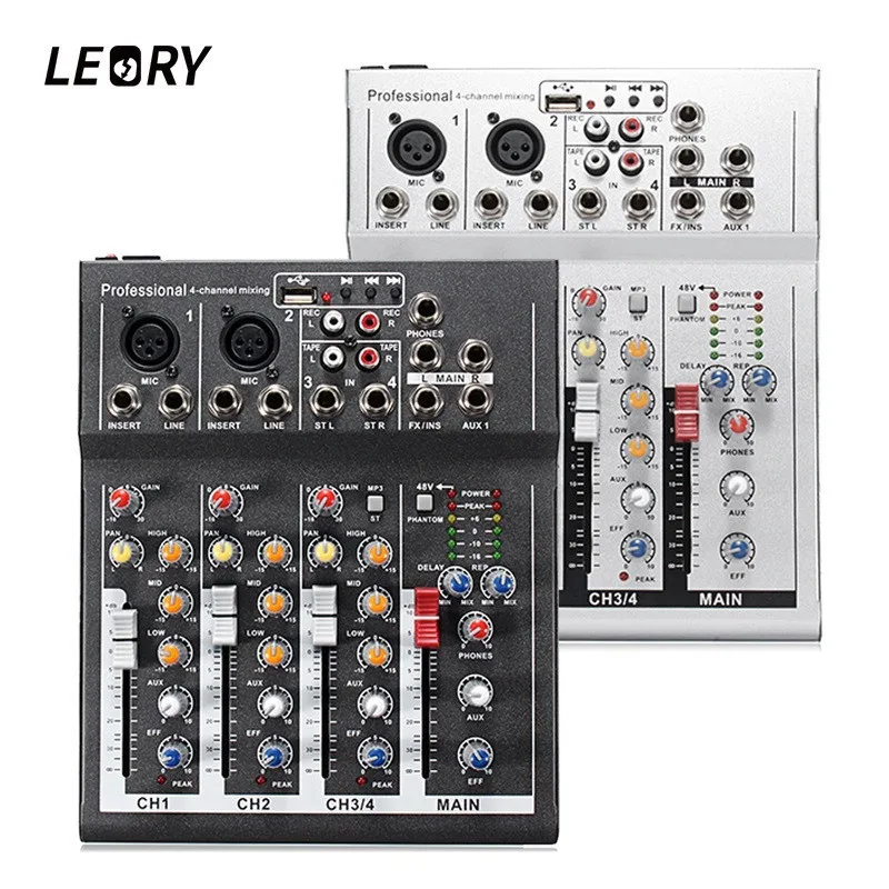 

LEORY Light 4 Channels DJ Audio Mixer Sound Mixing Console With USB MP3 Jack Live Audio Mixing For Karaoke KTV Music Show Party