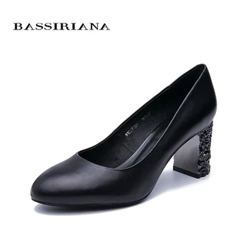 

BASSIRIANA2019 new classic pumps high heels shoes woman Genuine leather Big size 35-40 Round toe Black