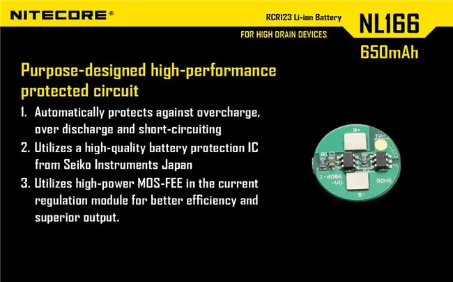 2 шт NITECORE RCR123A NL166 литий-ионная аккумуляторная батарея 650mAh 3,7 V 2.4Wh