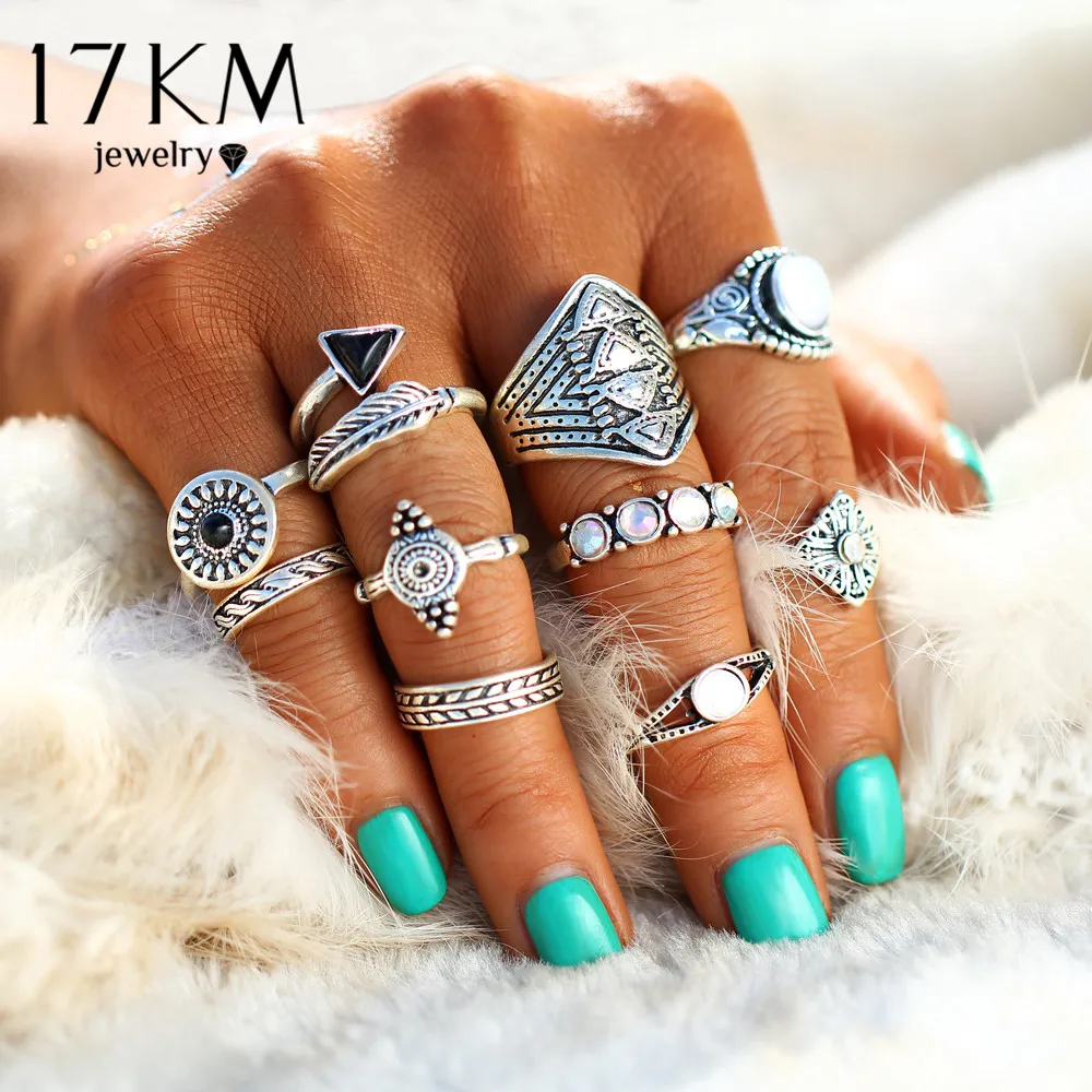 17 KM Moda Folha Pedra Midi Anel Conjuntos de Cristal Do Vintage Declaração Opal Anéis Da Junta Para As Mulheres New Punk Anillos Mujer jóias