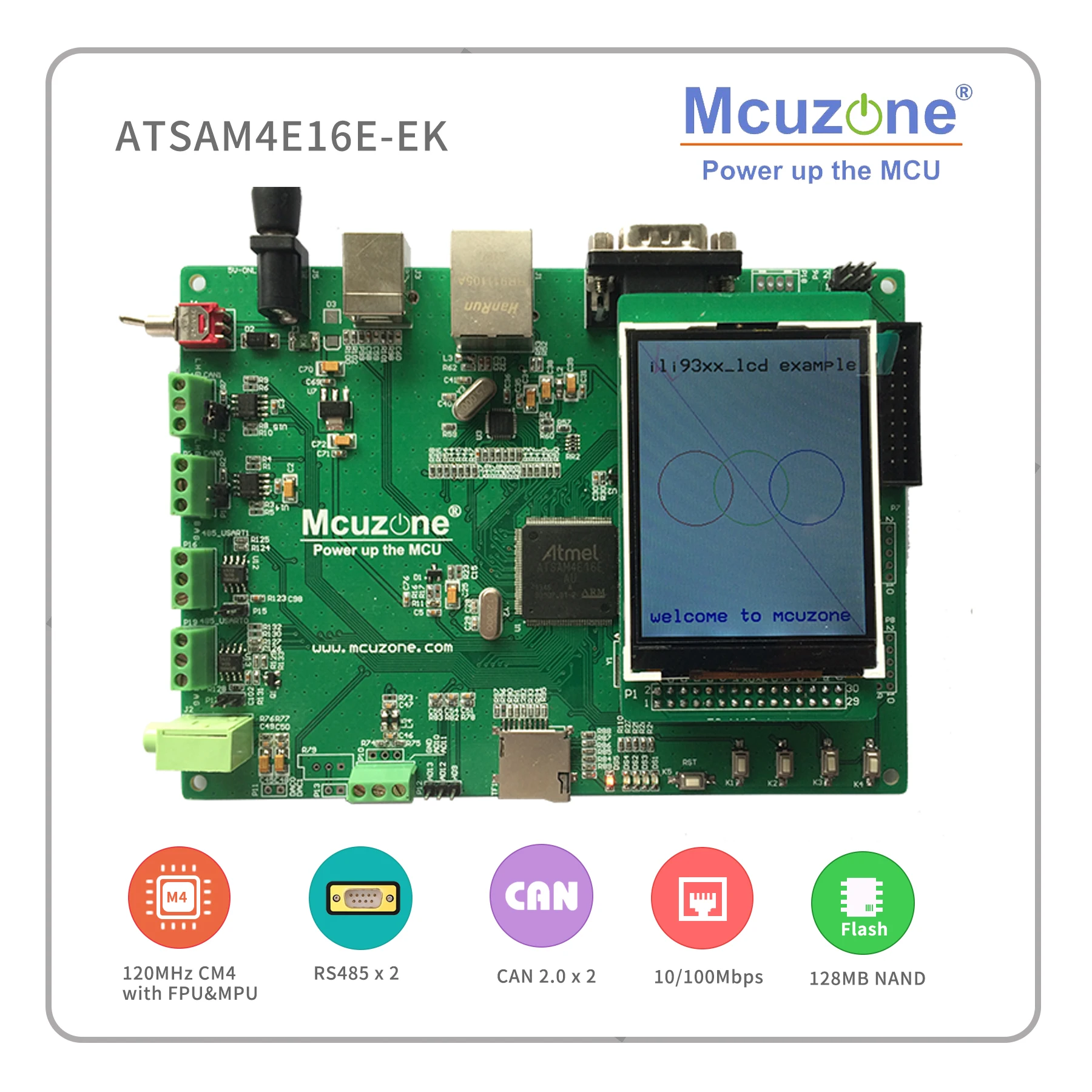 

ATSAM4E16E-EK ATSAM4 Evaluation Kit,120MHz Cortex-M4,Ethernet,USB,UART,CAN,485,TF,NAND,RTC,2.8" 240x320 TFT LCD SAM4E16E