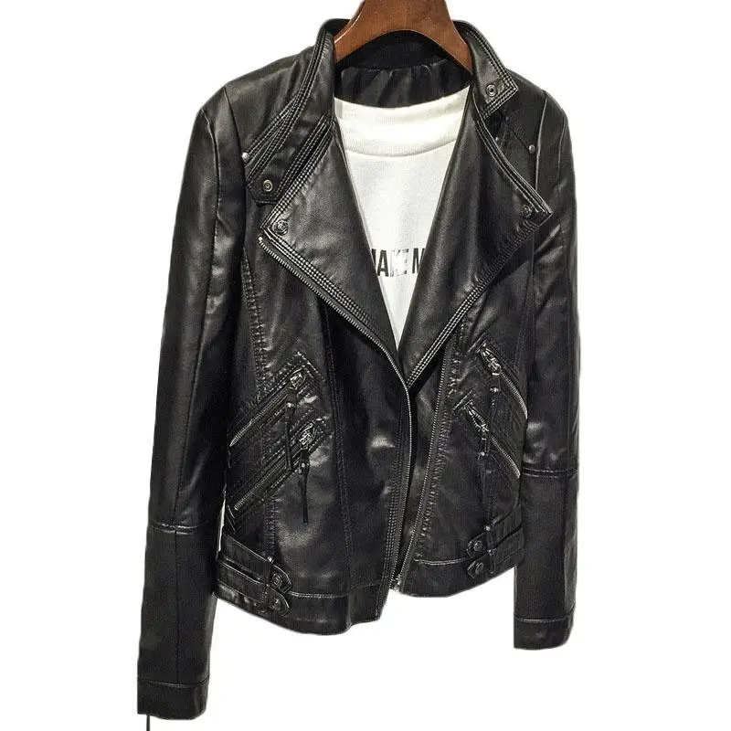Zqlz Женская куртка из искусственной кожи, Женская куртка с воротником-стойкой, с длинным рукавом, на молнии, весна-осень, короткое пальто, куртка-бомбер, мотоциклетная куртка