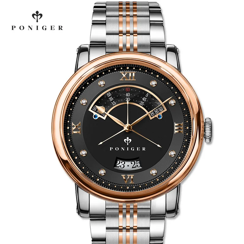 

Switzerland Luxury Brand PONIGER Men's Watch Japan NH35A Automatic Mechanical MOVT Watches Men Double Dial Sapphire Clock P719-9