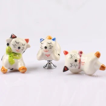 

One Piece Childern room Ceramic drawer knobs, Cartoon Cat Design Porcelain Dresser Cupboard door handle Pulls with screw