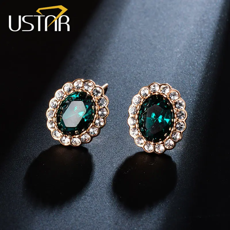 USTAR, овальные серьги-гвоздики с зелеными кристаллами циркония для женщин, розовое золото, модные ювелирные изделия, свадебные серьги для женщин, brincos, подарок