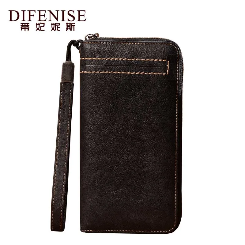 

Difenise 2018 New Genuine Leather Men's Fashion Wallets Vintage Zipper Close Organizer Wallets Long style Men Purses 8125