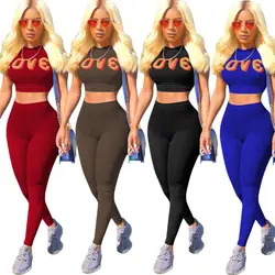 2019 Женский фитнес-комплект из двух предметов женский сексуальный комплект с надписью Love спортивный укороченный топ-карандаш брюки