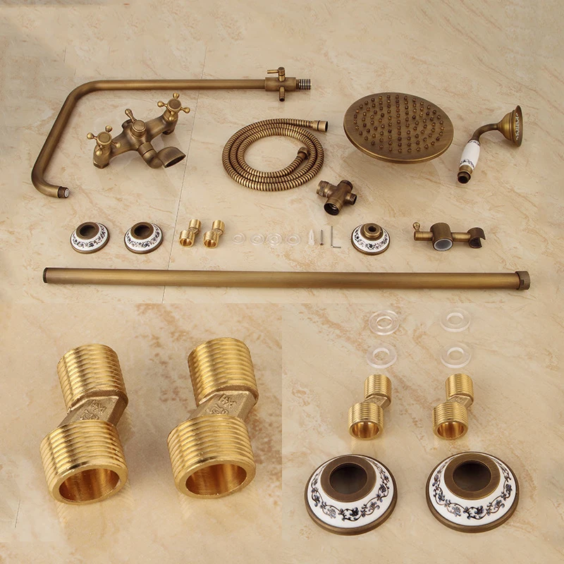 Smile Monkey Nieuw Vintage Antiek Messing Douchekraan Set Regendouche Keramiek Hand Showe Retro Wall Mount Luxe Douche set Smile Monkey Nieuw Vintage Antiek Messing Douchekraan Set Regendouche Keramiek Hand Showe Retro Wall Mount Luxe Douche set