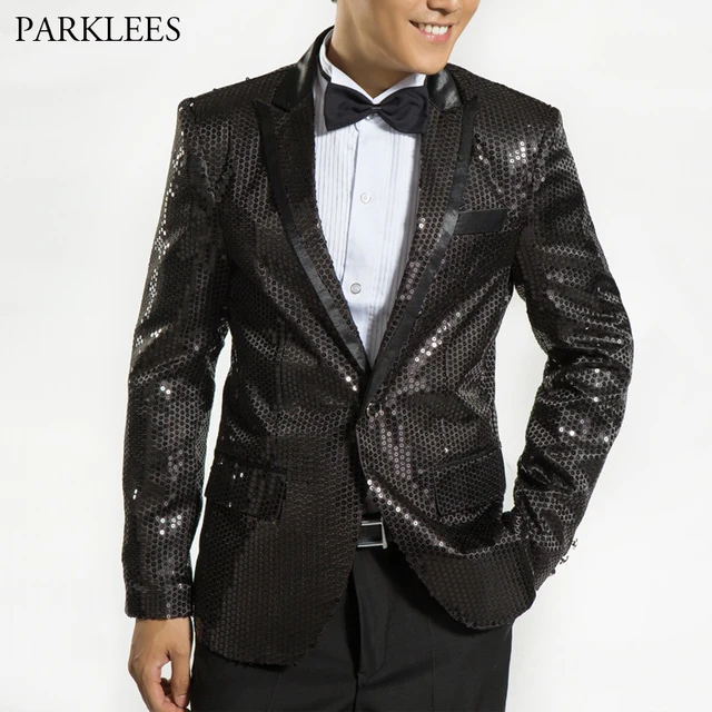 Mens Black Sequin Glitter Blazers Jackets Prom Embellished