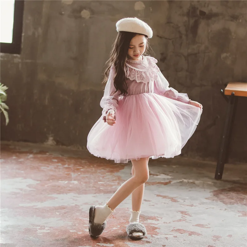 Платье для девочек детское весеннее платье Новинка года, детская одежда платье принцессы для малышей длинные рукава сетчатая ткань, платье для малышей кружевное милое платье#3835