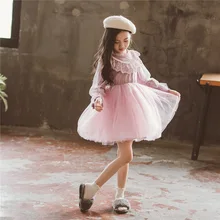 Платье для девочек детское весеннее платье Новинка года, детская одежда платье принцессы для малышей длинные рукава сетчатая ткань, платье для малышей кружевное милое платье#3835