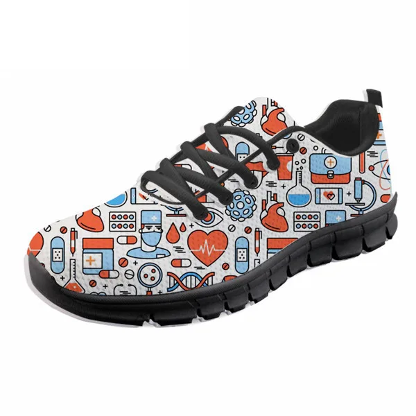 

Nurse Print Black Sole Women Flats Summer Leisure Lace Up Sneakers Zapatos Mujer Nurse Loafers for Work Outside Flat Walk Shoes
