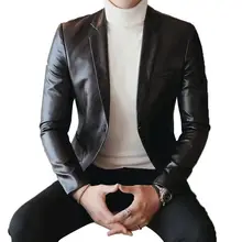 Уникальный дизайн мужской пиджак из искусственной кожи с длинным рукавом черный приталенный элегантный деловой повседневный мужской пиджак размер S M L XL 2XL 3XL