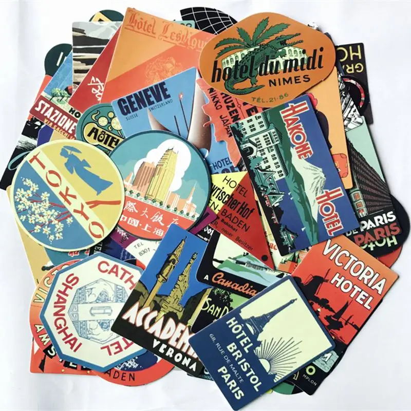 

56pcs/Lot Retro Style Global Travel Hotel Logo Stickers for Travel Suitcase Wall Pencil Box Bike Sliding Car Sticker DIY Decals