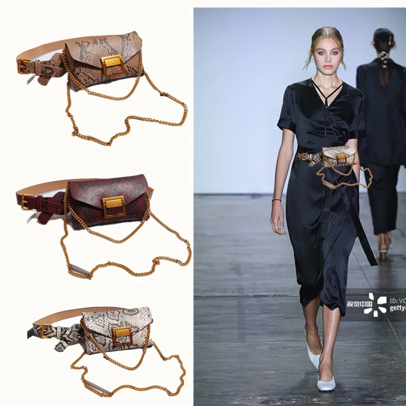 

Fashion Fanny Pack Serpentine Waist Bag Women Leather Waist Pack Famous Brand Waist Belt Bags Chain Metal Buckle Phone Pocket N7