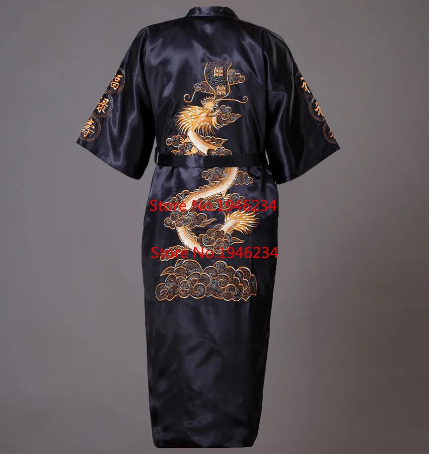 Лидер продаж темно-синий китайский Для мужчин Атласный халат кимоно с вышивкой банный халат Демисезонный ночное Размеры S M L XL XXL S0008 - Цвет: Черный