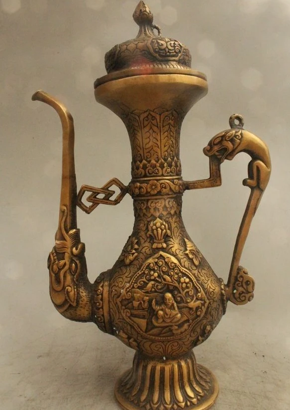 

12" China Chinese Copper Dynasty Palace Dragon Handle Wine Tea Pot Flagon