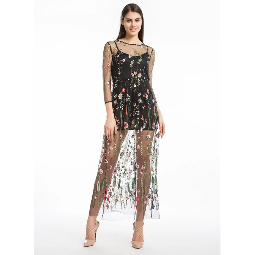 Dress Sexy Mesh Embroidery Dress Long Slim Perspective Dresses Summer Dress Vestido Vestidos De Fiesta 2pcs/set Dress Women 2018