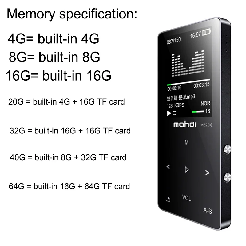 mahdi HIFI Lossless Bluetooth MP3 Player Recorder FM Video E-book 4G/8G/16G Radio Sport Wireless Music Player Support OTG Link