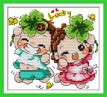 

Lucky babies Cross Stitch Kit cartoon series 11CT precise hand-embroidered cloth printed paper-cut blue needlework