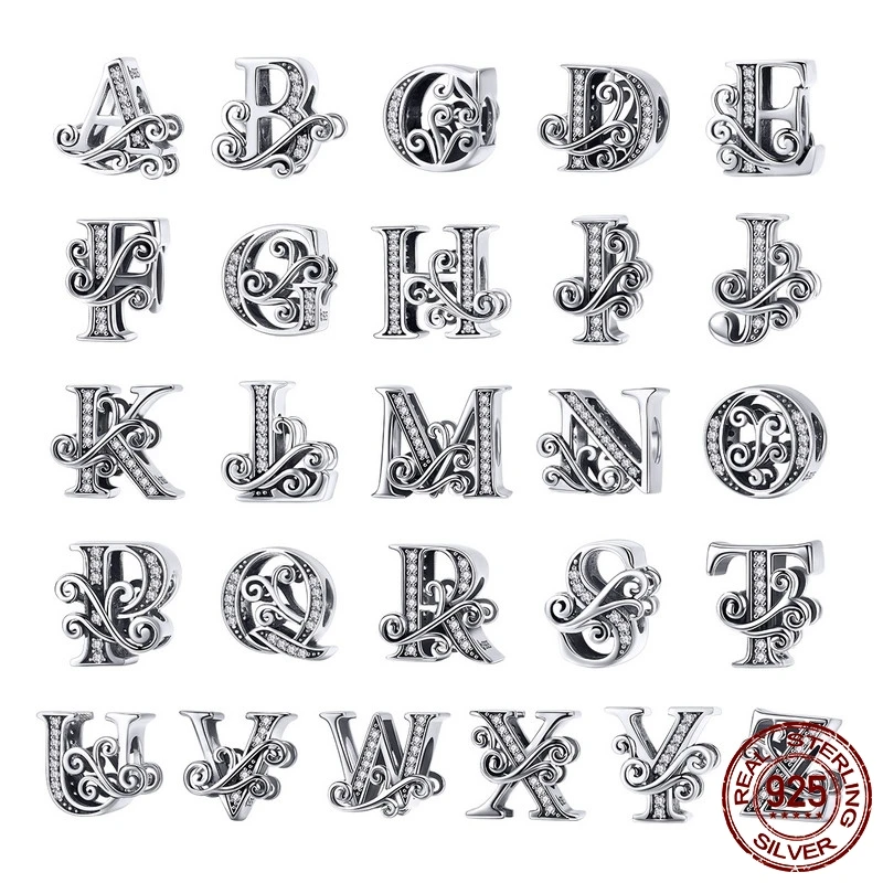 

925 Sterling Silver Letter Alphabet A to Z Beads Charms Jewelry Accessories Fit Original Pandora Bracelets Bangles