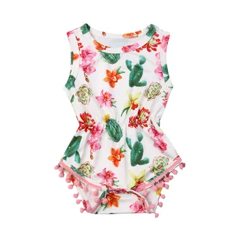 

0-24M Cute Newborn Baby Girl Sleeveless Print Tassel Ball Baby Bodysuit Jumpsuit Outfits Summer Clothes
