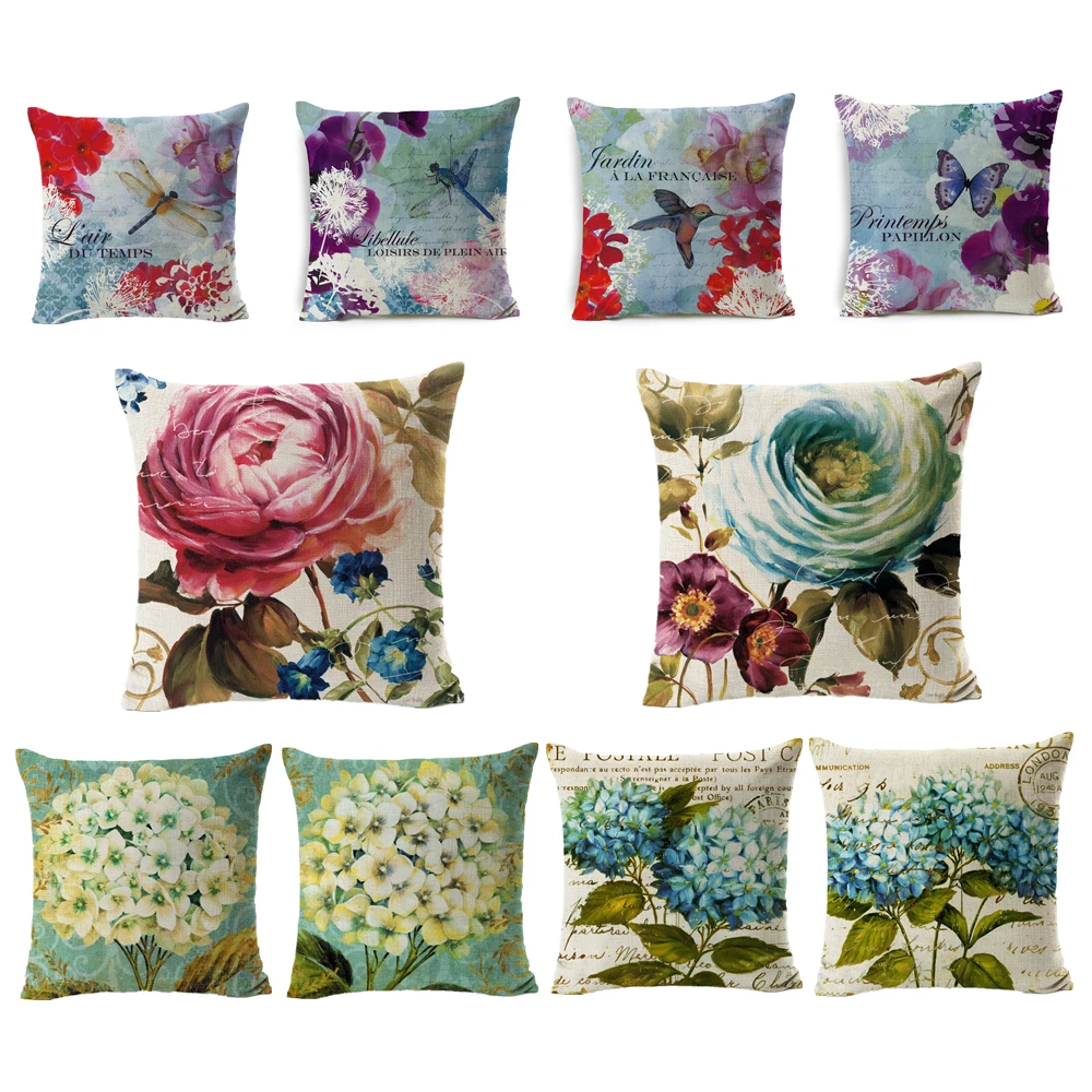 Floral Cushion Cover Luxury PillowCase Hydrangea Cotton Linen Home