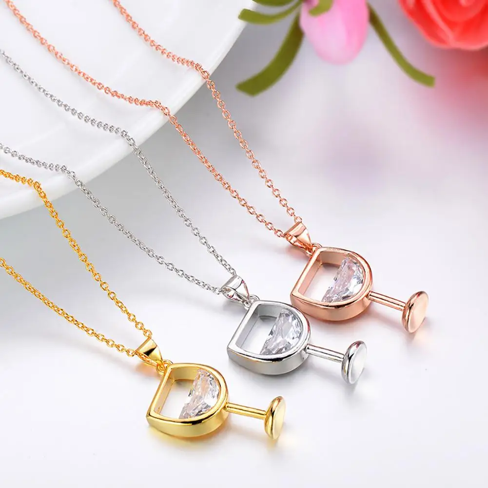 

Wine Glass Pendant Cubic Zirconia Long Chain Necklace Women Valentine's Day Jewelry Gift