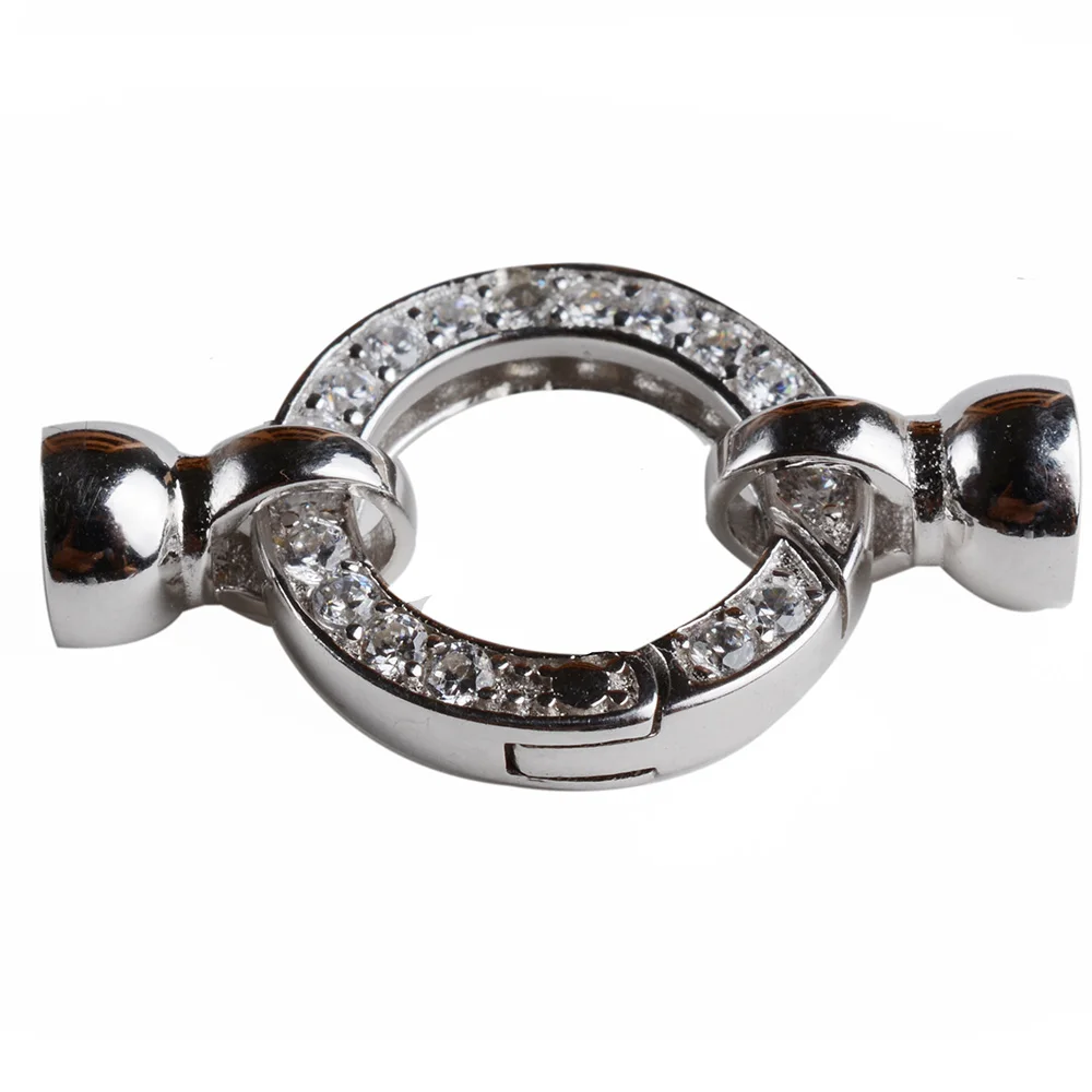 

Solid 925 Sterling Silver Necklace Clasp Rhodium Plated Cubic Zircon Mounted Big O Spring Buckle with Hidden Knot Cups