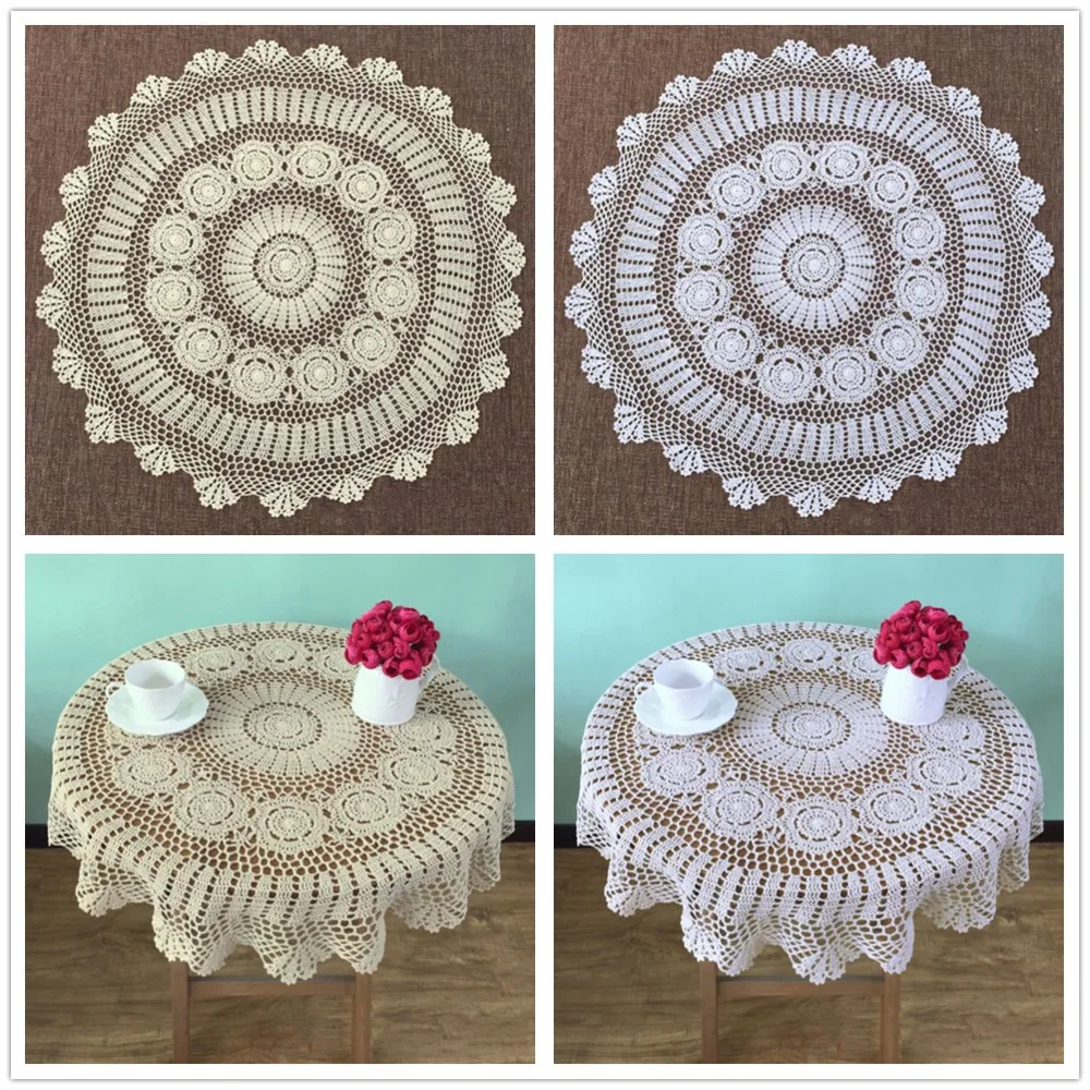 Vintage Tablecloth Hand Crochet Cotton Doily Round Lace Table Cloth