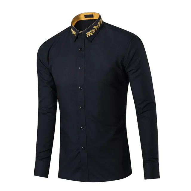 Laamei Long Sleeve Loose Spring And Autumn Men’s Shirt New Men’s Fashion Neckline Embroidered Cotton Solid Color Buttoned