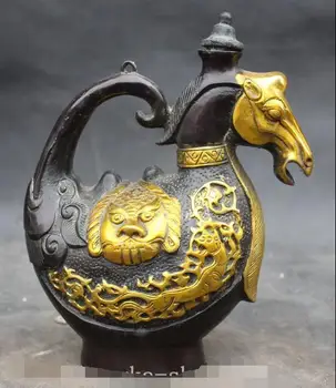 

7 Chinese Bronze Gilt Lion Head Horse Horses Teapot Flagon Wine Pot Kettle