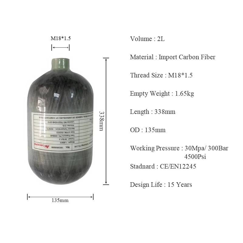 AC5020 Cylinder Hpa Air Tank Mini 4500Psi 2L Pcp Airsoft Hunting Scuba Paintball Diving Bottle Pcp Air Rifle Underwater Gun