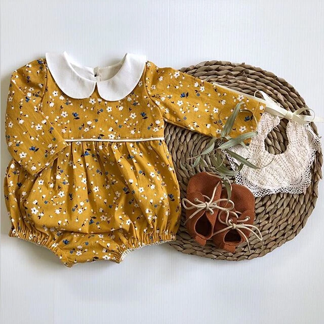 Комбинезоны для новорожденных девочек; винтажный комбинезон с круглым отложным воротником и длинными рукавами для маленьких девочек; комбинезон с цветочным рисунком; одежда для малышей