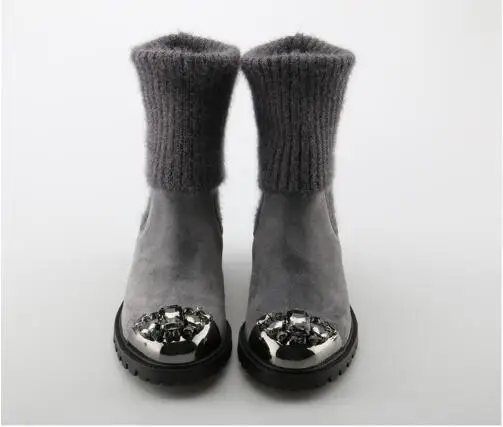 Женские носки с металлическим носком, украшенные стразами; короткие ботиночки; ботинки до середины икры на низком каблуке; Роскошная брендовая зимняя теплая обувь для подиума