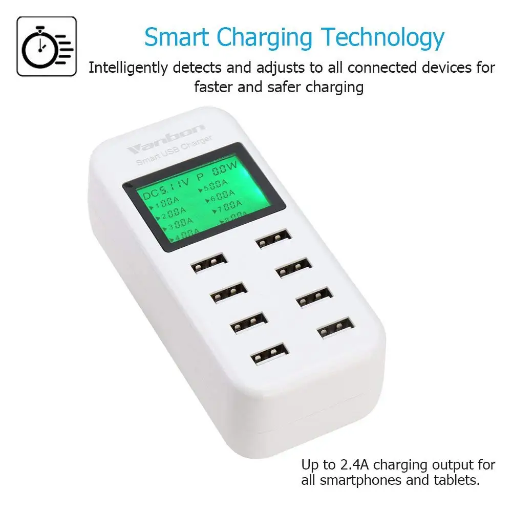 

Henzarne USB Charger, 40W 8Multi-Port Desktop Charger Charging Station LCD Fast Travel Wall Charger for iPhone ipad Tablet