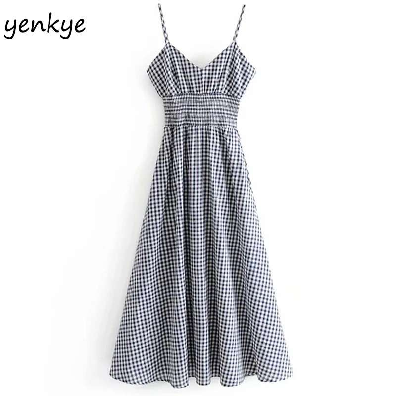 

Women Sexy Spaghetti Strap Vintage Plaid Dress Elegant Sleeveless V Neck Elastic High Waist A-line Holiday Summer Long Dress