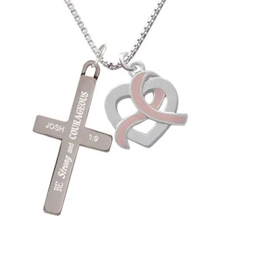 Heart Outline with Pink Ribbon Looping Through - Strong and Courageous - Cross Necklace (1)