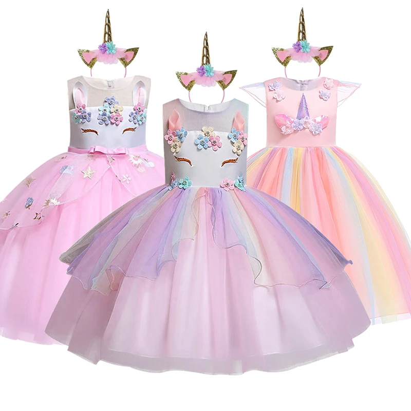 

Free Hair+ Girls Unicorn Tutu Dress Rainbow Princess Kids Party Dress Girls Christmas Halloween Pony Cosplay Costume 1-12