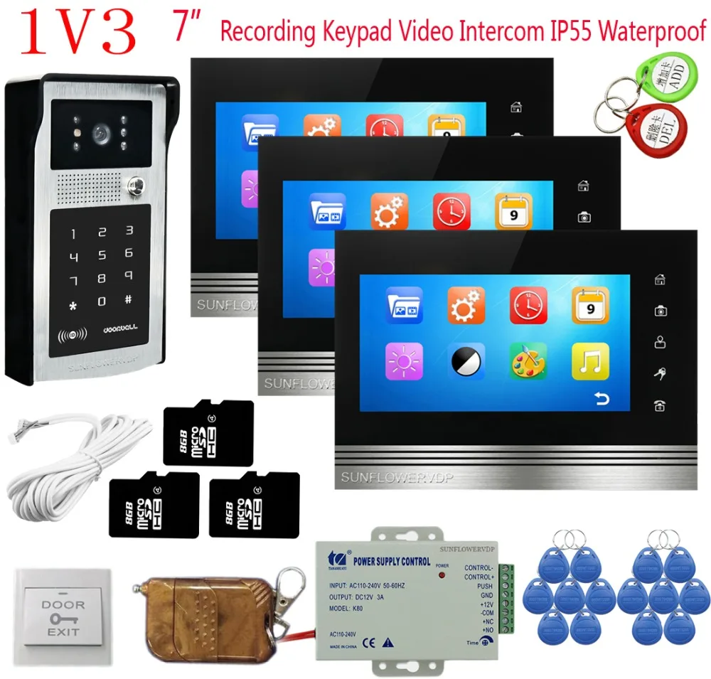 8GB SD Card Video Intercom With Recording 3 Units 7\ Color Monitor Rfid Keyboard Automatic Door Entry Phone+Remote Control 1V3