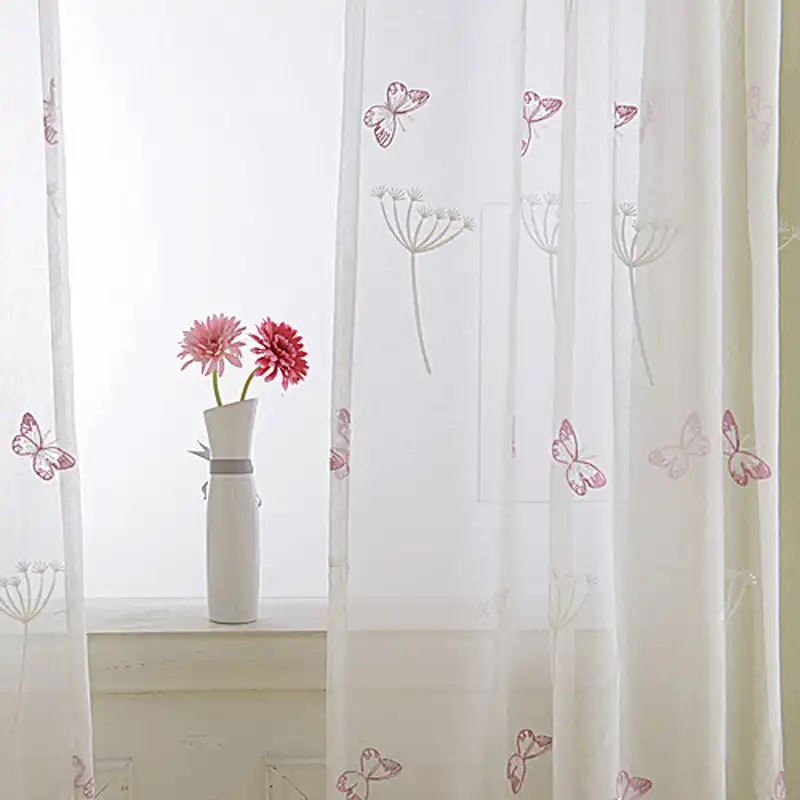 Butterfly Pink Curtains Embroidered Sheer Voile Window Modern