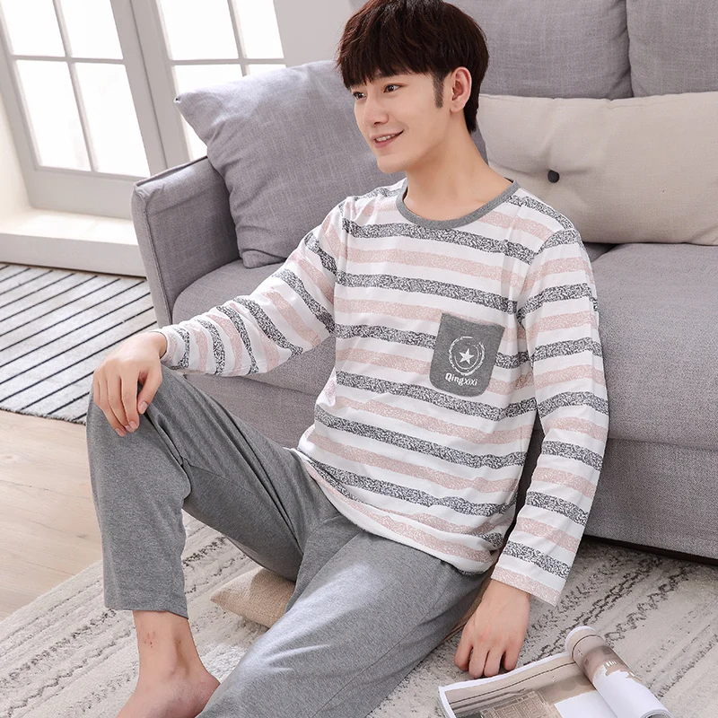 Autumn Winter Long Men's Cotton Pajamas Letter Striped Sleepwear Cartoon Pajama Sets Casual Men Pyjamas Plus Size 4XL Pijama